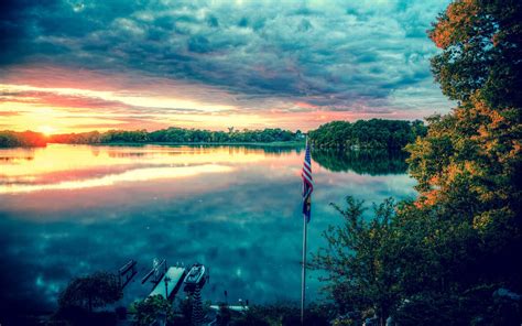 Wallpaper Sunlight Trees Sunset Sea Lake Nature Reflection Sky