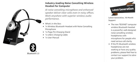 Tecknet Bluetooth Wireless Headset Ai Noise Cancelling Call Center He