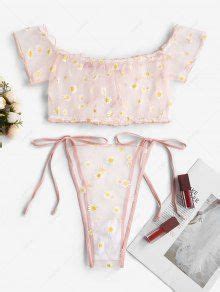 Off Shoulder Floral Sheer Mesh Tie Side Lingerie Set In Light Pink