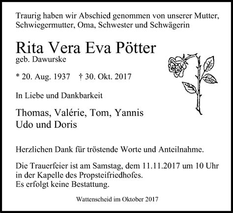 Traueranzeigen von Rita Vera Eva Pötter Trauer in NRW de