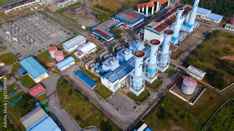 Aerial close up view of a Gas Turbine Power Plant Station during ...