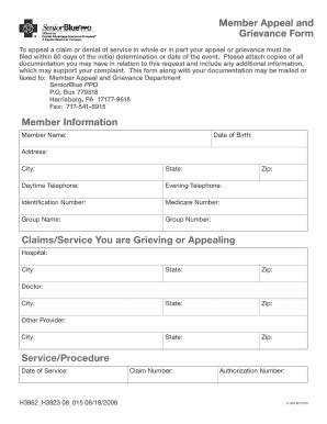 Fillable Online Member Appeal And Grievance Form Seniorblue Ppo Fax