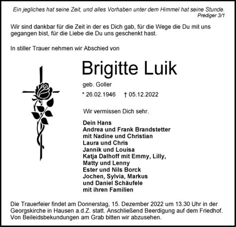 Traueranzeigen Von Brigitte Luik S Dwest Presse Trauer