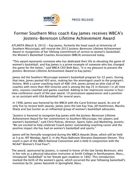 Former Southern Miss Coach Kay James Receives Wbcas Jostens Berenson