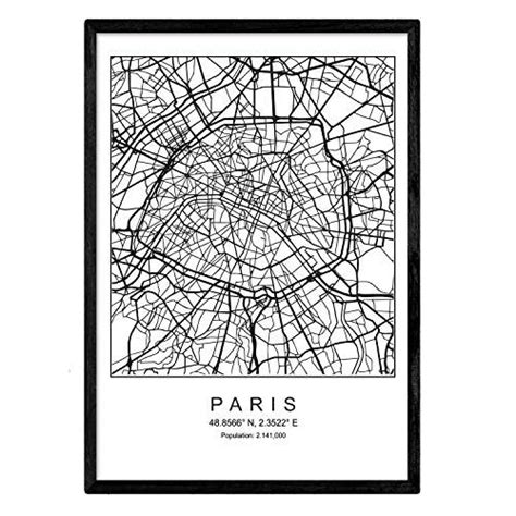 Lámina Mapa De La Ciudad Paris Nordico En Blanco Y Negro Poster A3