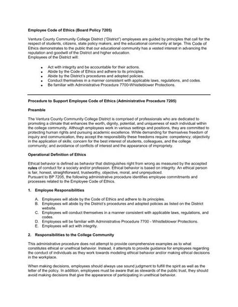 Employee Code Of Ethics Board Policy 7205 Ventura College