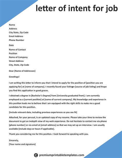 Letter Of Intent Template For A Job Free Letter Of Intent Te