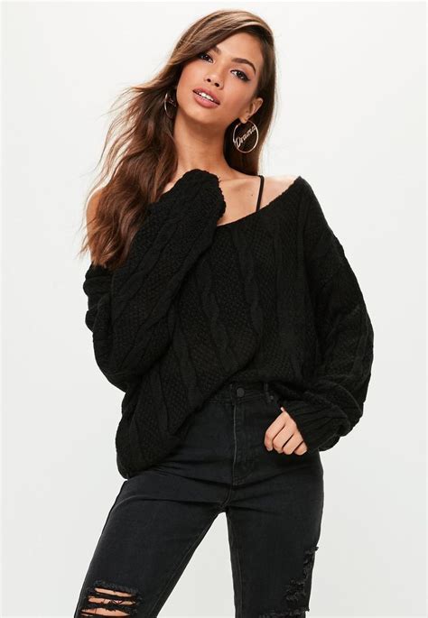 Missguided Black Off Shoulder Cable Sweater Sweaters Sweaters For