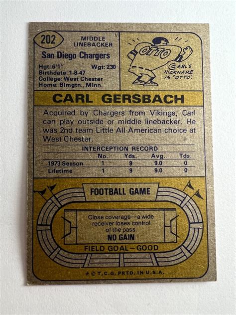 1974 Topps Carl Gersbach 202 San Diego Chargers Rookie Rc Ebay