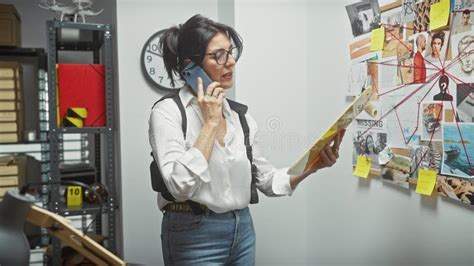 A Mature Woman Investigator Analyzes Clues At A Police Department Crime