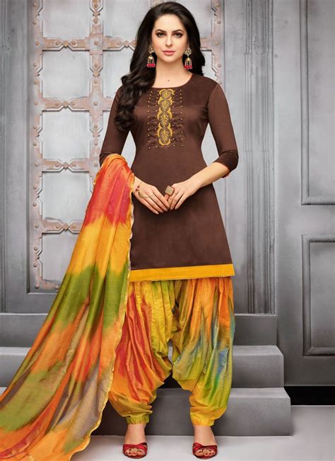 Art Silk Embroidered Brown Designer Patiala Suit Patiala Dress Kurti