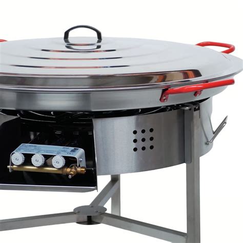 Kit à paella 50 personnes Pare flamme inox Plat acier couvercle