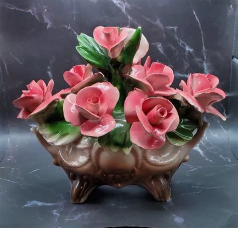 Vintage Nuova Capodimonte Porcelain Roses Bouguet Vase Hand Made In