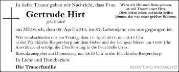 Traueranzeigen Von Gertrude Hirt Trauer Kleinezeitung At