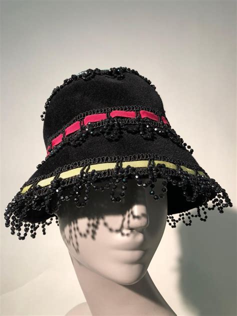 Yves Saint Laurent Black Felt Bucket Hat With Color Ribbons And Bead