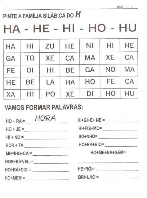 Família Silábica Da Letra H - ADOLETÁ DO ABC: Família silábica letra H - atividades