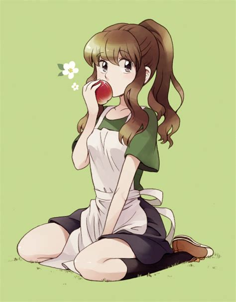 Safebooru Apple Apron Black Legwear Brown Eyes Brown Hair Dress Food