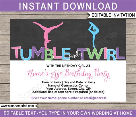 Gymnastics Party Invitations Template Printable Birthday Party Invite