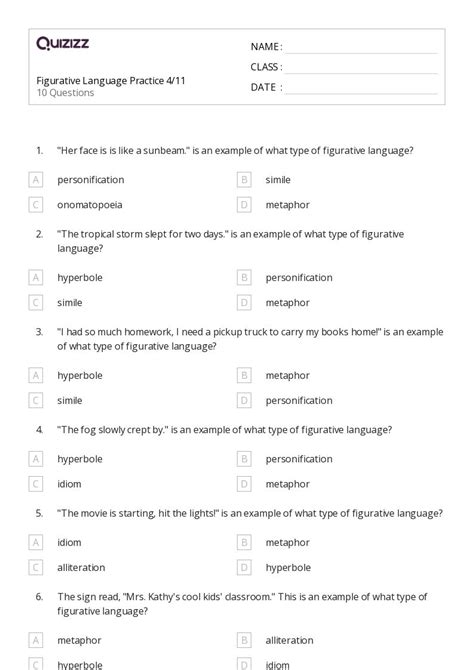 50 Figurative Language Worksheets On Quizizz Free And Printable