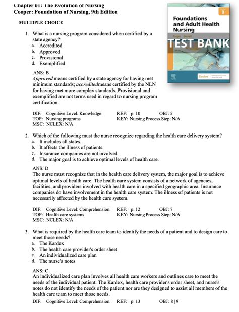 Test Bank For Foundations And Adult Health Nursing 9th Edition Cooper