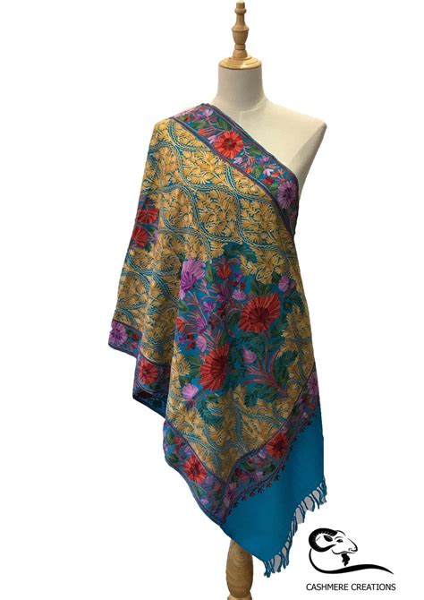 Turquoise Blue Aari Embroidery Shawl Kashmir Wool Shawl Pashmina