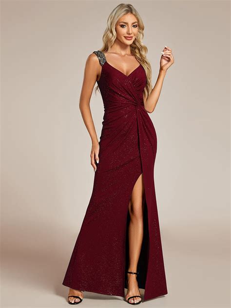 Mermaid V Neck High Slit Sequin Strap Pleated Evening Dress Ever