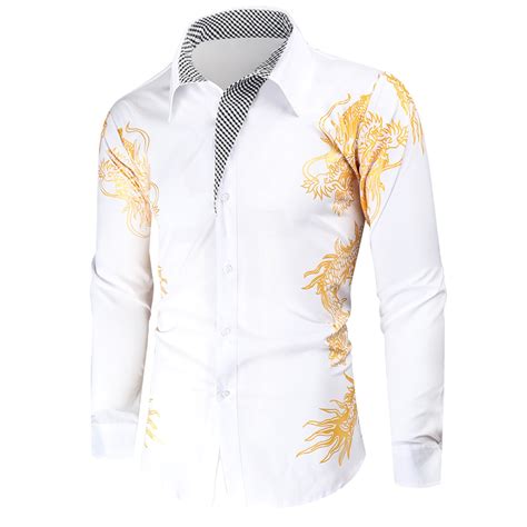 Men Shirts Overcoat Lapel Bronzing Dragon Print Warm Long Sleeve Button