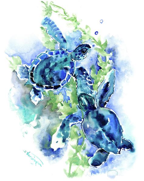 Sea Turtle Underwater Scene Blue Turquoise Illustration Beach Bath