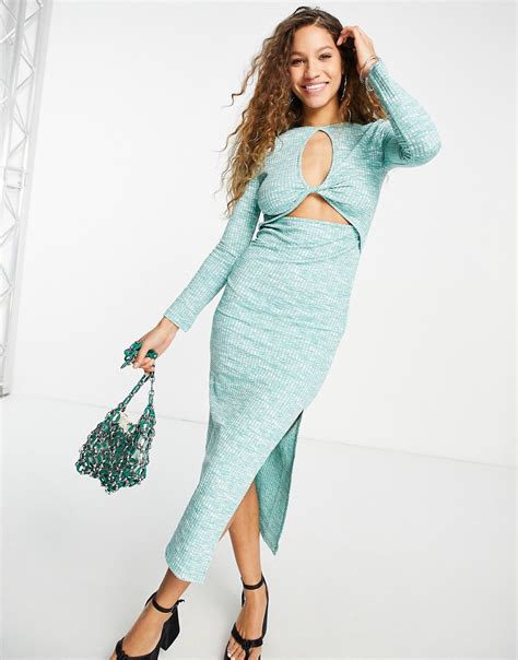 Topshop Twist Keyhole Midi Dress In Green Spacedye Modesens