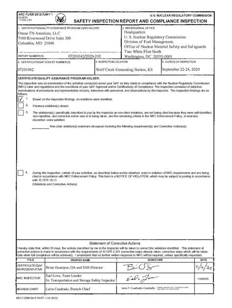 Fillable Online Orano Tn Americas Llc Nrc Form Part Inspection