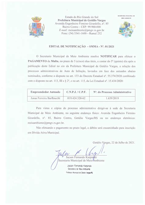 Edital De Notifica O Smma Prefeitura Municipal De Get Lio