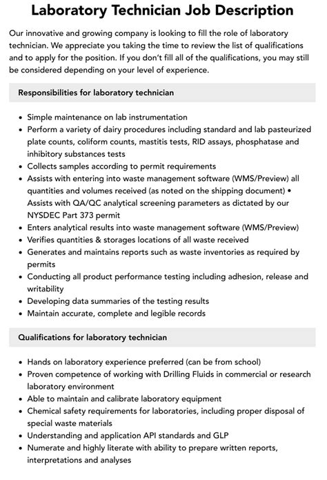 Laboratory Technician Job Description Velvet Jobs