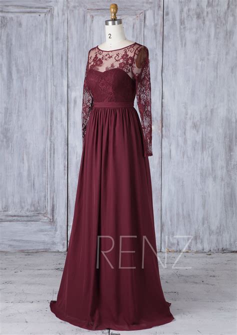 Long Bridesmaid Dress Maroon Wedding Dress Long Lace Sleeve Maxi Dress