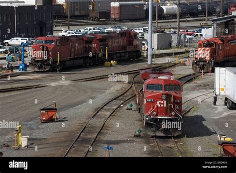 Canadian Pacific diesel locomotives in Canadian Pacific rail yard in Port Coquitlam Vancouver BC ...