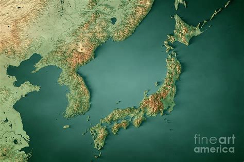 Japan Korea Topographic Map Horizontal D Render Dark Ocean Colo