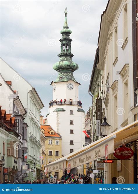 BRATISLAVA, SLOVAKIA - APRIL 2016 - Tourists Sightseeing on Michalska