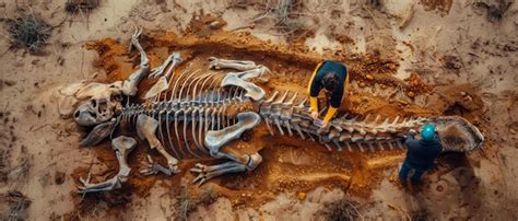 Premium Photo Two Great Paleontologists Cleaning Dinosaur Skeleton