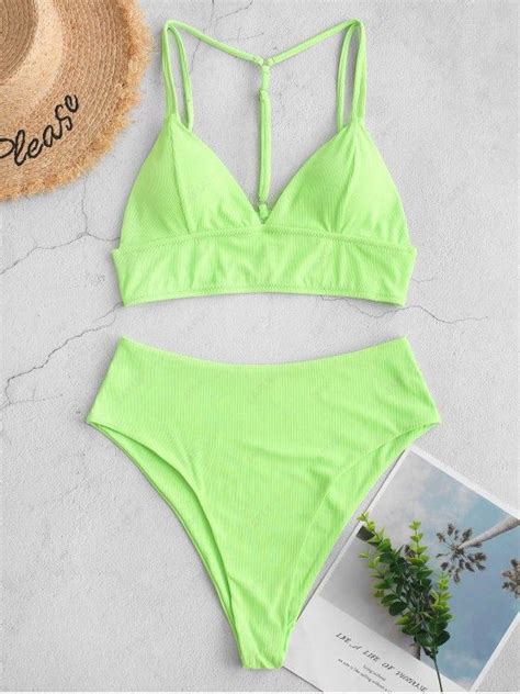 [63 Off] 2021 Zaful High Cut Neon Ribbed Double Strap Tankini Swimsuit