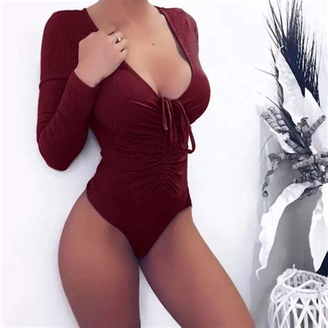 Autumn Women Sexy Bodysuits Deep V Neck Bandage Ruched Knitted