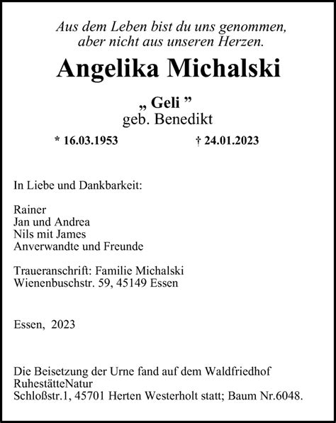 Traueranzeigen Von Angelika Michalski Trauer In Nrw De