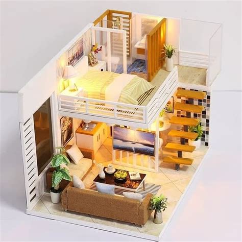 Jual Miniatur Rumah Boneka 2 Lantai Dengan Ruang Tamu Dan Kamar Tidur