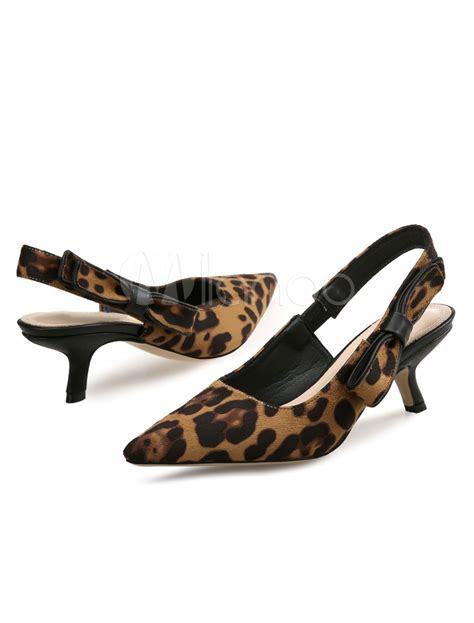 Brown Kitten Heels Pointed Toe Heels Leopard Slip On Pumps For Women