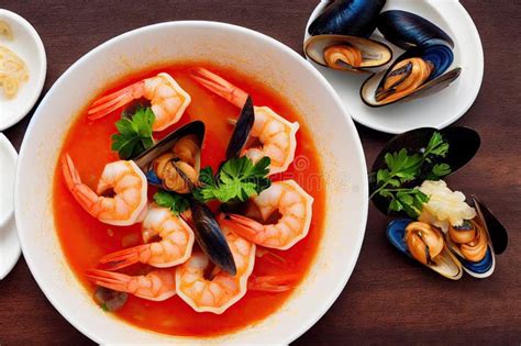 Sopa Espesa De Tomate Y Marisco Con Mejillones Y Gambas Stock De