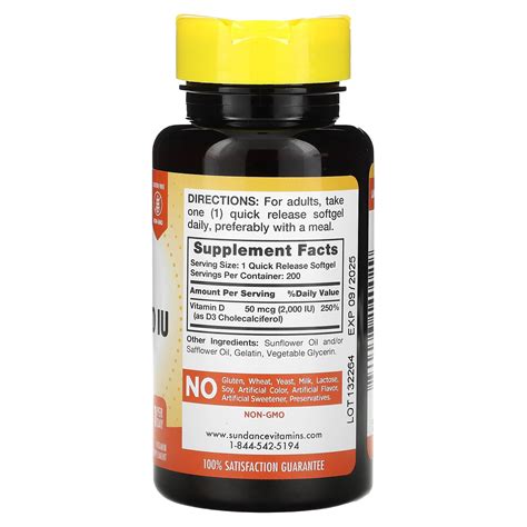 Sundance Vitamins High Potency D3 50 Mcg 2 000 Iu 200 Quick Release Softgels