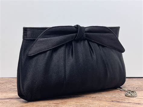 Vintage Andé Black Satin Evening Bag Clutch With Front Bow Etsy