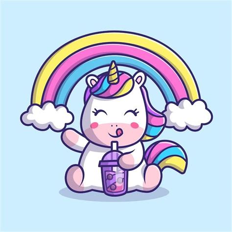 Free Vector Cute Unicorn Drinking Boba Milk Tea With Rainbow Cartoon