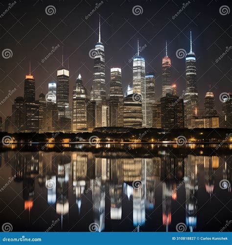 Illuminated City Skyline Reflects On Calm Water Generated By Ai Stock