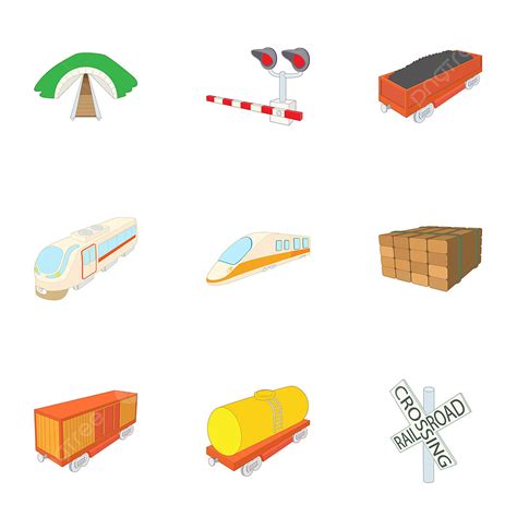 Conjunto De Iconos De Transporte Ferroviario Estilo De Dibujos Animados