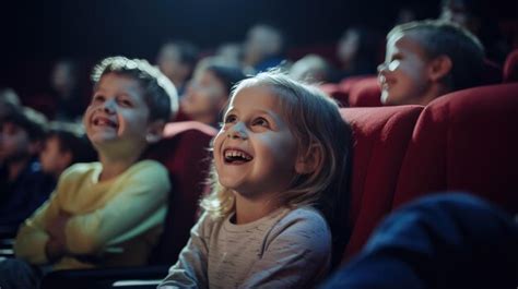 Premium AI Image | Happy smiling kids sitting in a movie theater and ...