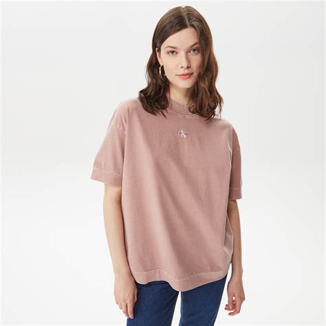 Calvin Klein Jeans Wash Rib Mix Boyfriend Kadın Pembe T Shirt Kadin T